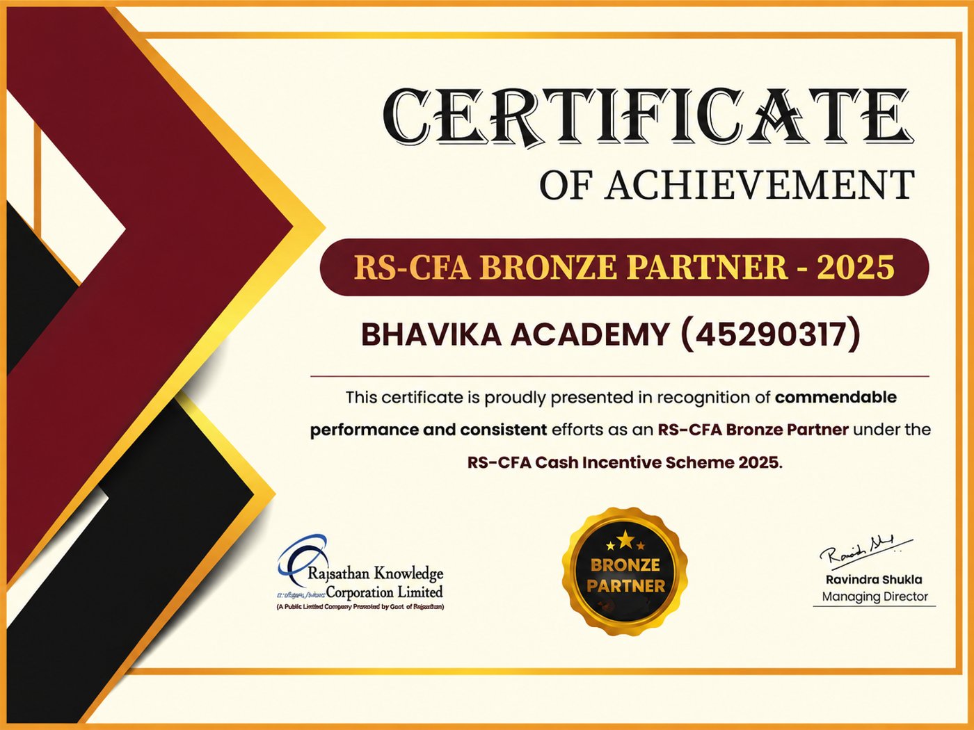 RS-CFA Bronze Partner 2025 Certificate — Bhavika Academy