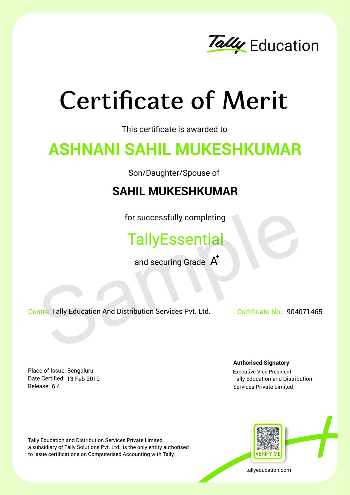 Sample Tally Certificate of Merit